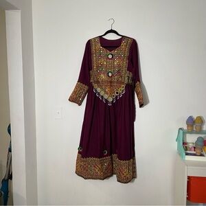 Elegant Maroon Afghan Dress with mirror work